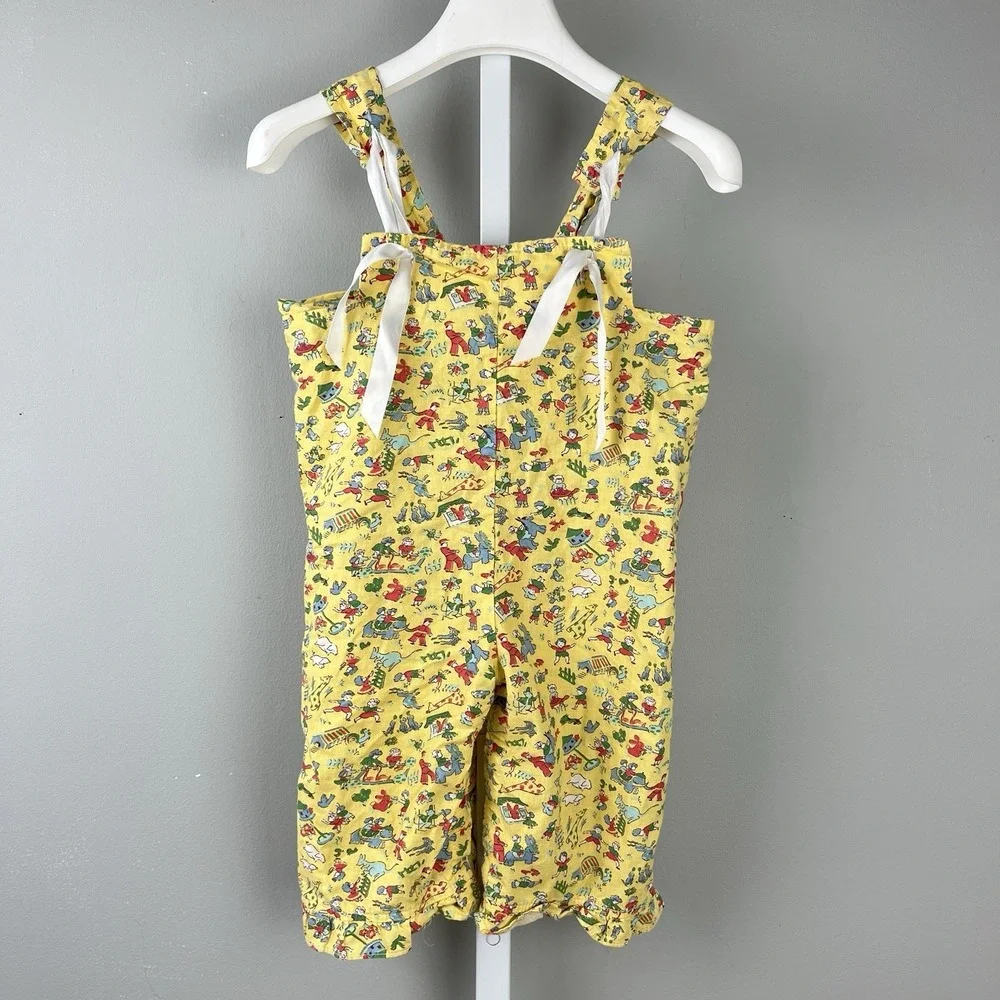 Vintage Three Girls Romper Overalls Baby Girl 12M Yellow Farm Animal‎ Print USA